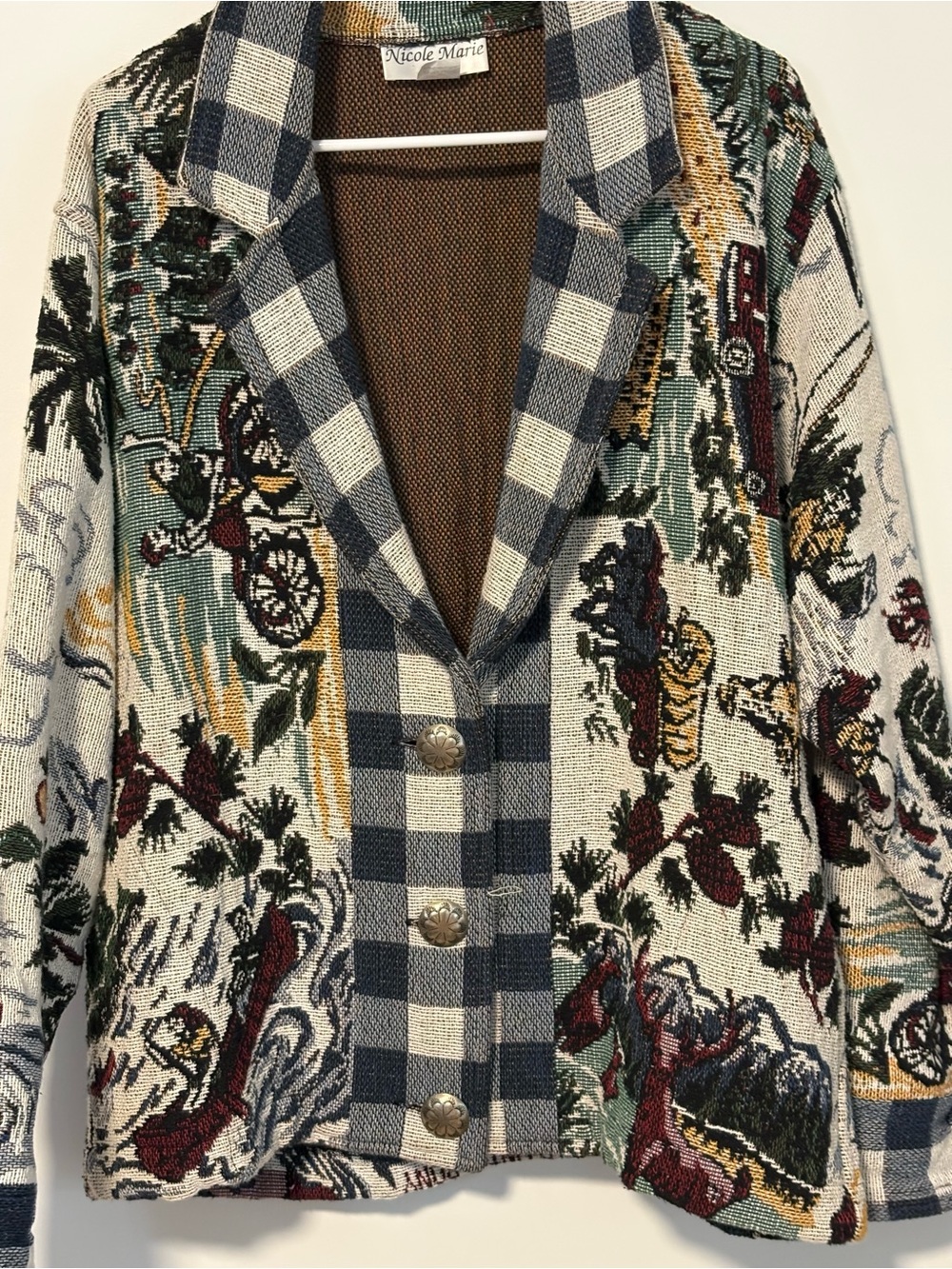 Multicolor Tapestry Blazer with Blue Plaid Trim